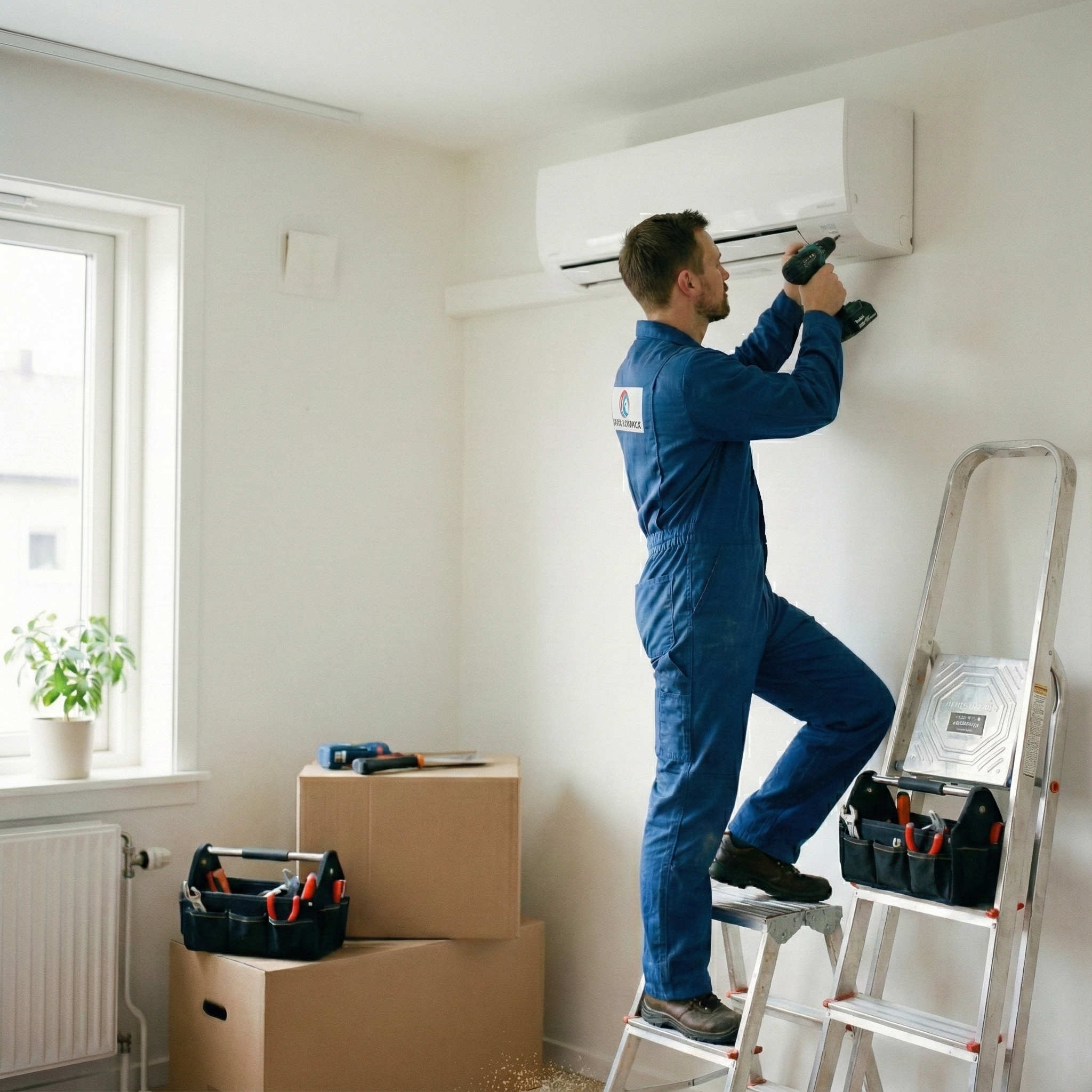 Monter klimatyzacji przymocowujący klimatyzator naścienny