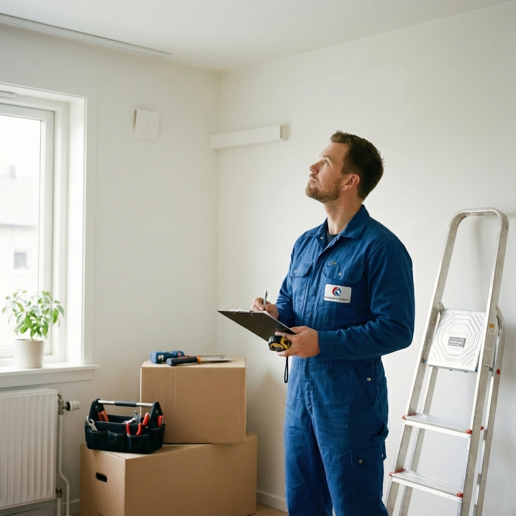 Monter klimatyzacji rozglądający się po pokoju