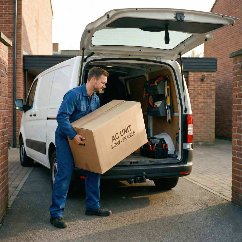Monter klimatyzacji pakujący jednostkę klimatyzatora do samochodu