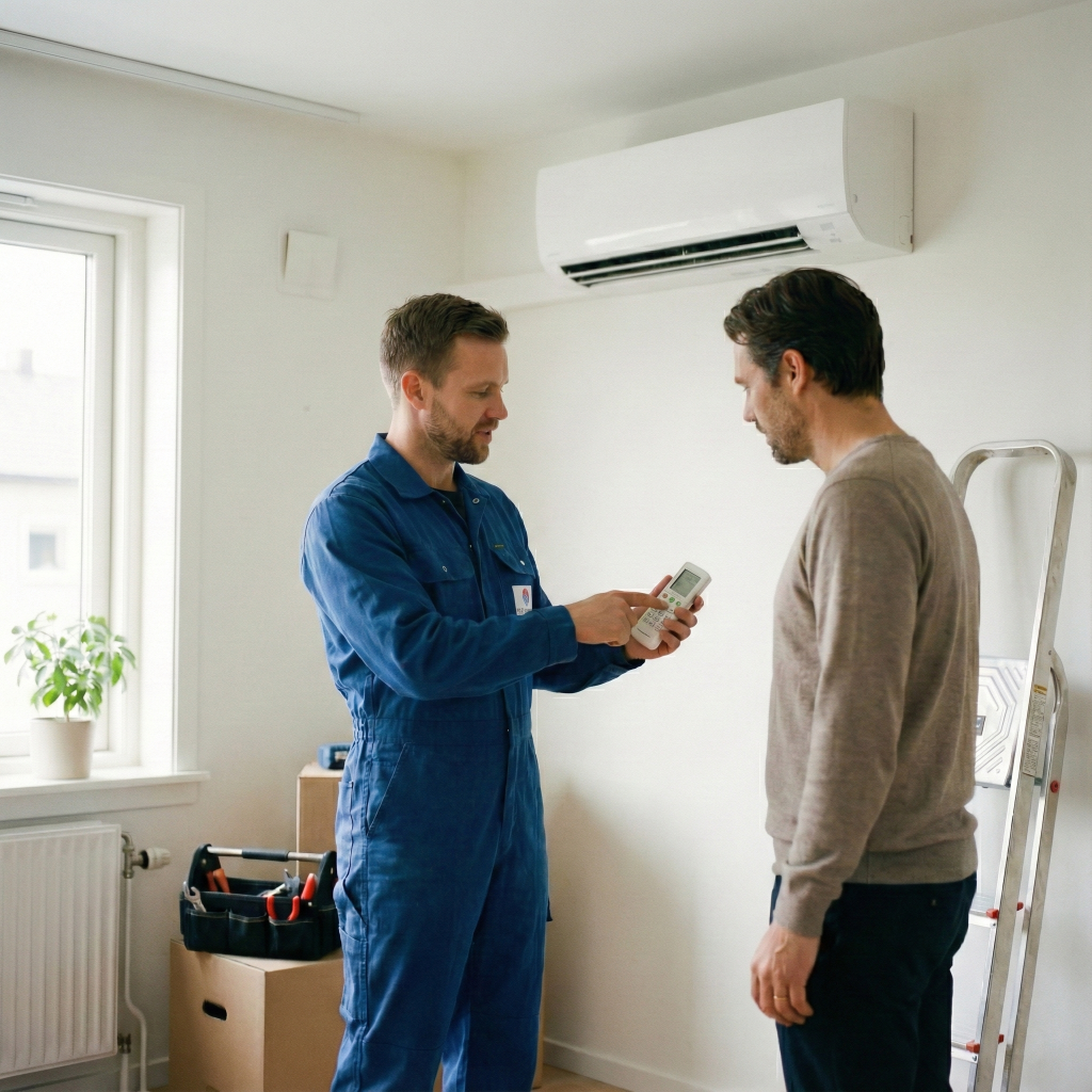 Monter klimatyzacji pokazujący klientowi jak obsługiwać pilota do zamontowanej jednostki klimatyzacji