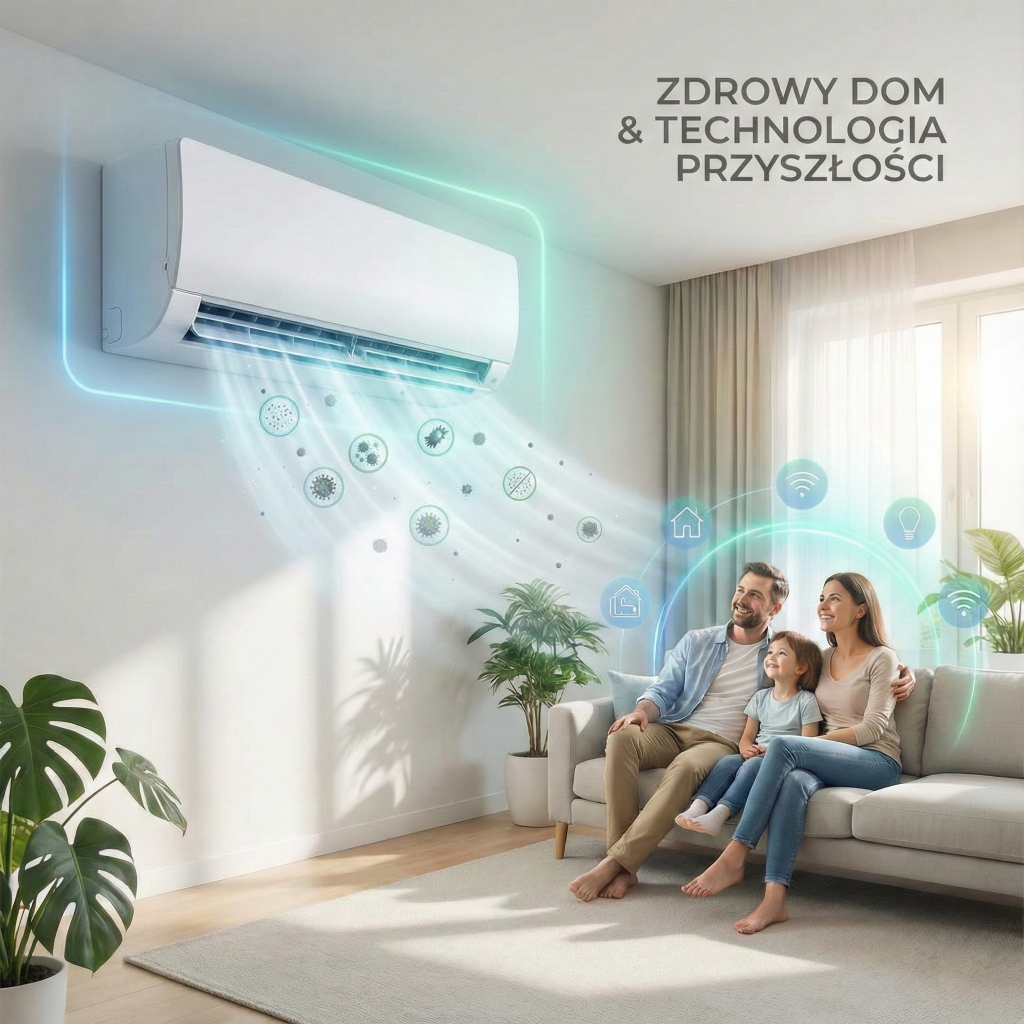 Szczęśliwa rodzina siedząca na kanapie patrząca na pracujący klimatyzator w gorący dzień